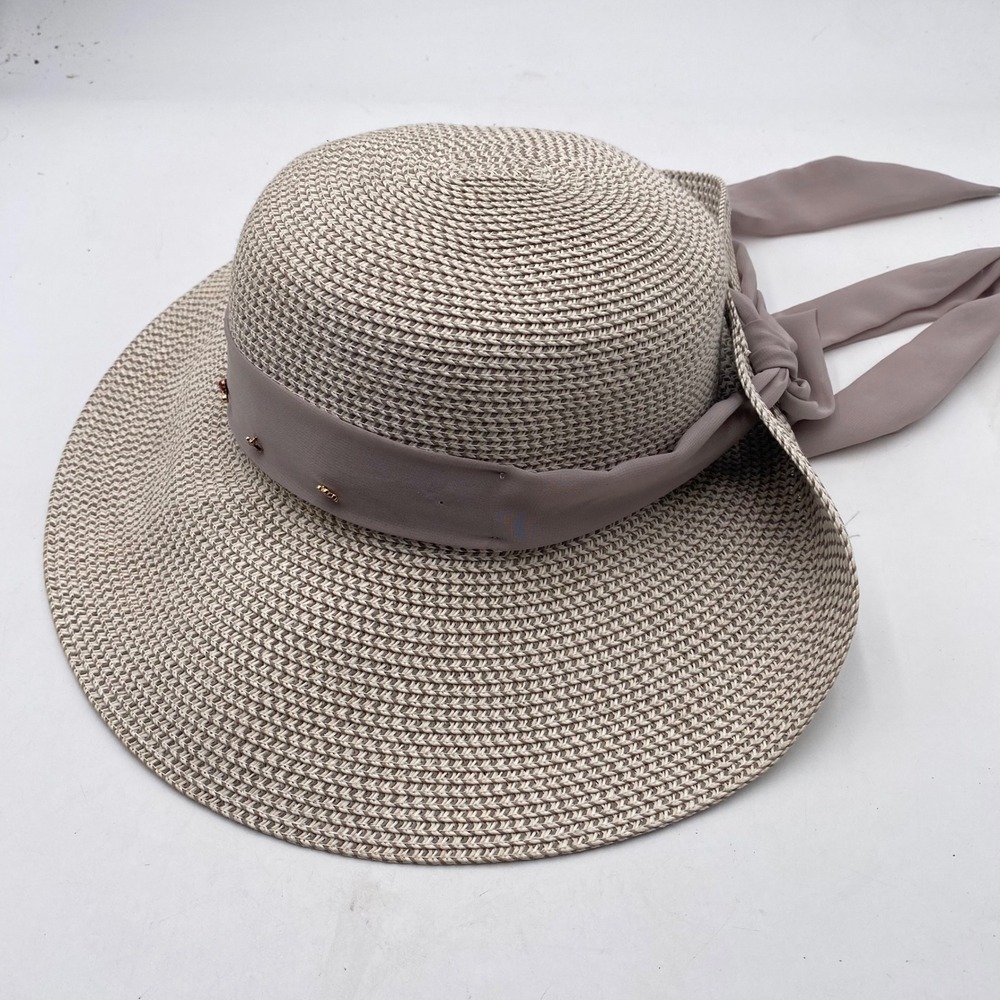 Nine West Floppy Sun Hat OS Beige Mauve Ribbon Mushroom Flower Charms Wide‎ Brim